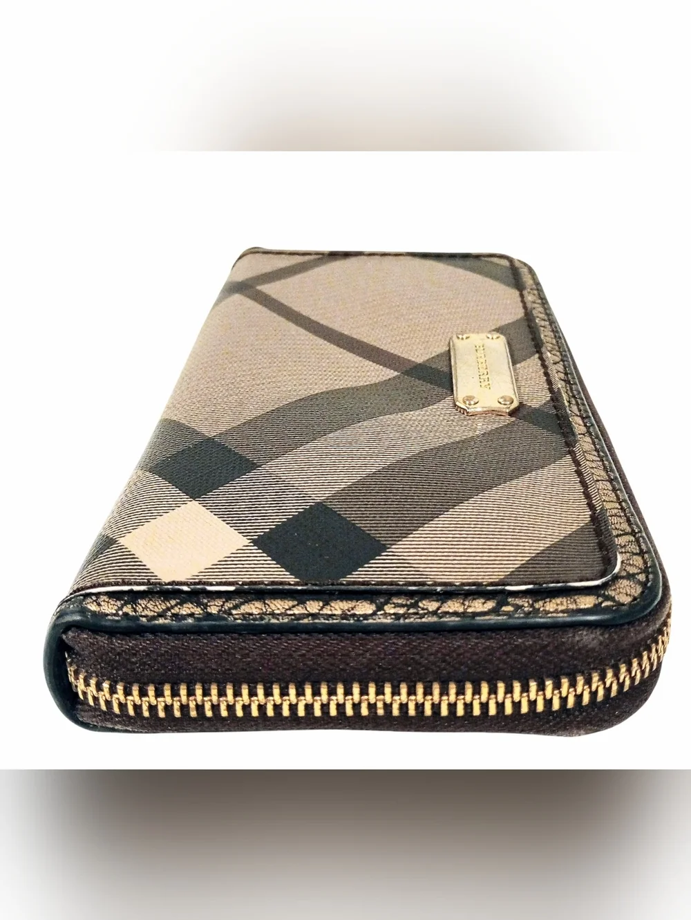 Burberry Smoke Check Stitch Small Zippy Wallet In Antique Gold - Picture 8 of 16